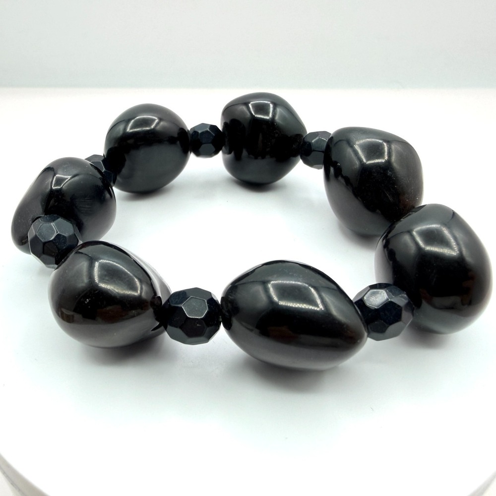 Vintage Black Chunky Beaded Stretch Bracelet Boho Retro Y2K 90s